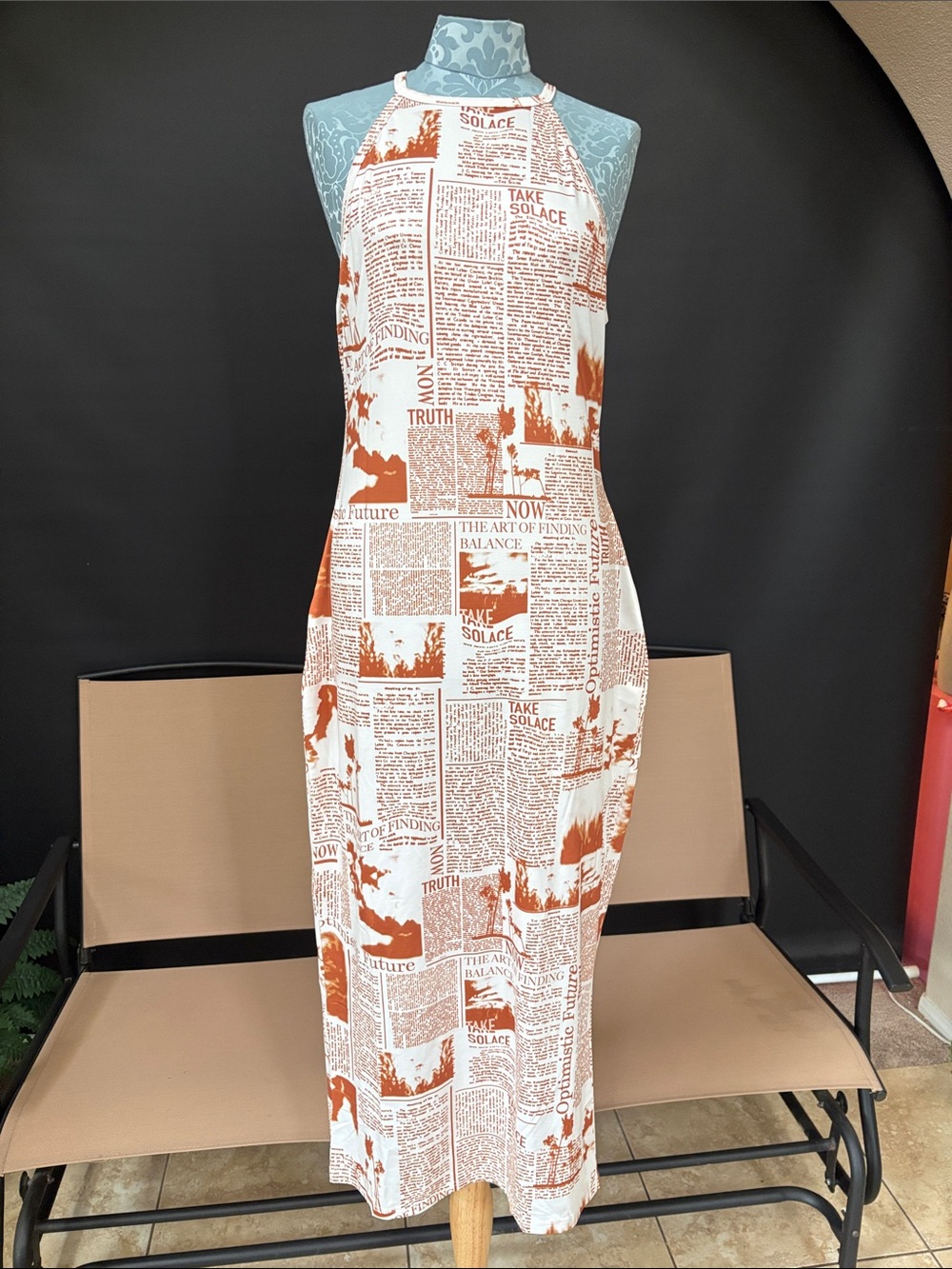 Halter-Neck Newsprint Maxi Dress in Rust and White